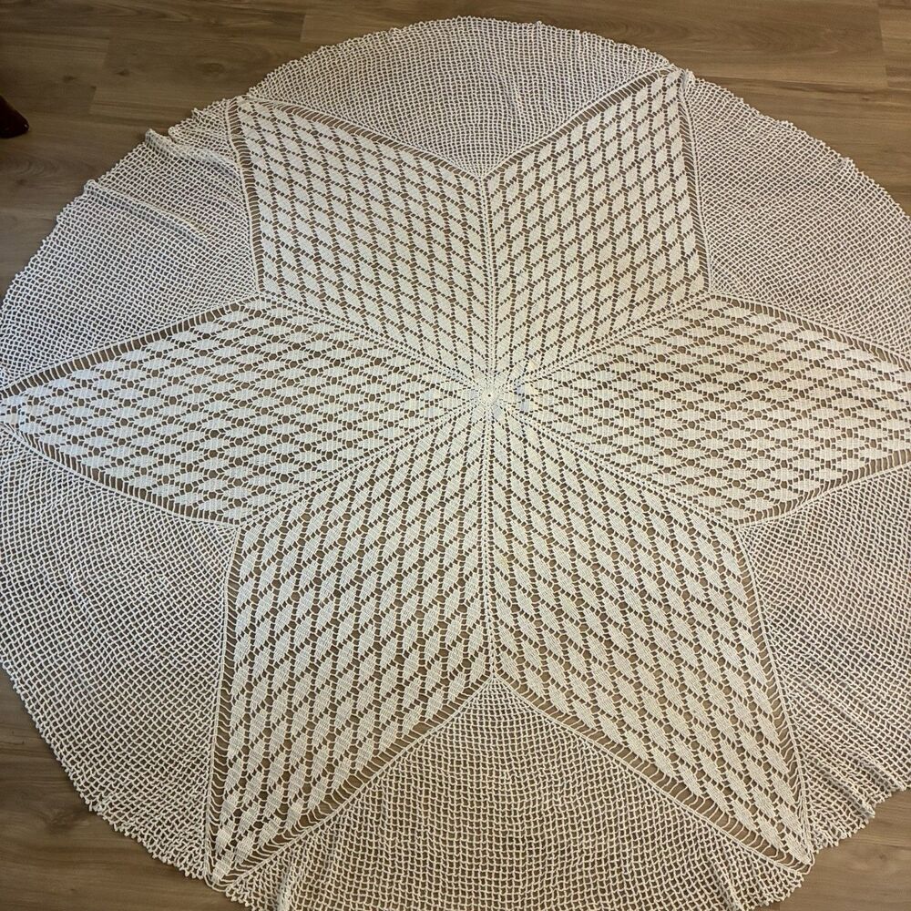 Vintage Crocheted Ivory Lace Round Tablecloth Boho Cottagecore 71”